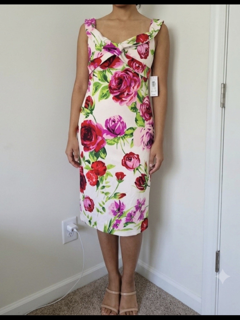 Premier Amour Floral Midi Sheath Dress in Pink, Red and Green‎ Size 16